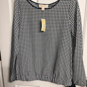 Michael Kors Black and White Checkered Long Sleeve Top